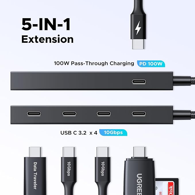 UGREEN Powered 100W 10Gbps USB C Hub - 5 in 1 Adapter with 4 USB-C, 100W PD Ports for MacBook/Air, iPad Pro, iPhone, Surface, Laptops and More
