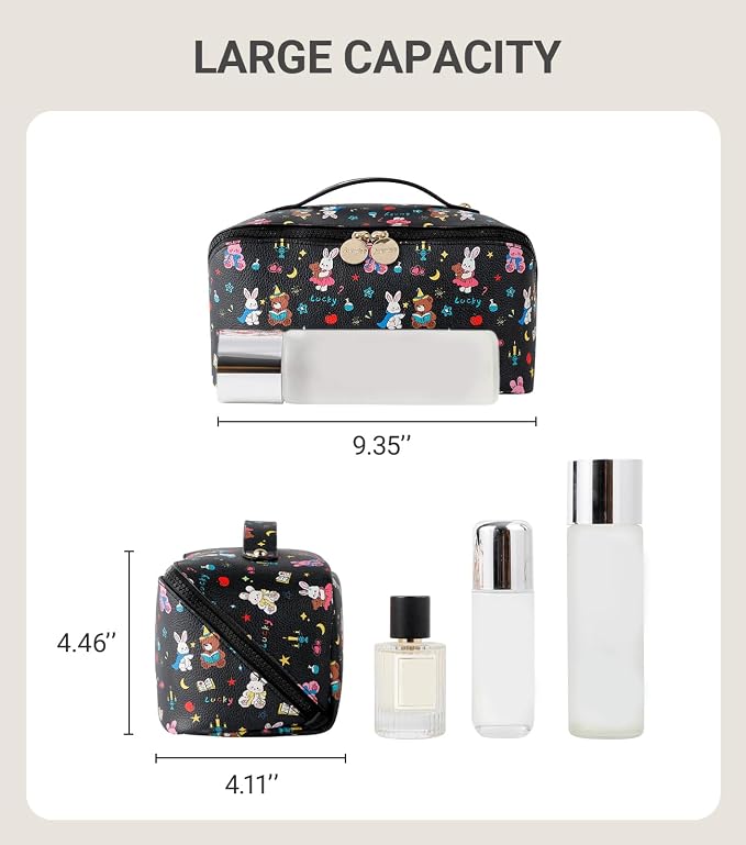 Aveniee Travel Makeup Bag for Women, Large Cosmetic Organizer with Open-Flat Design, Clear Divider & Handle - Waterproof PU Leather Toiletry Case (BunnyPattern)