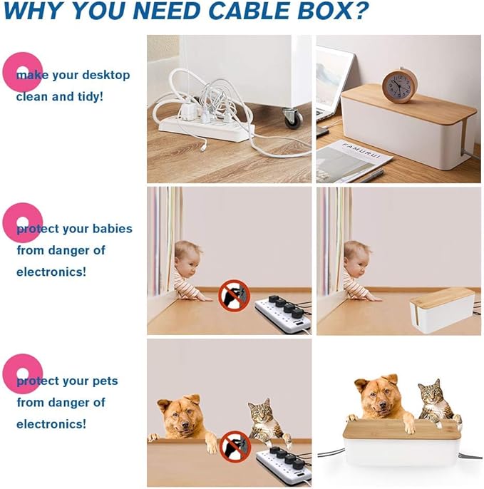 PowerKing Cable Management Boxes Organizer, Bamboo Lid, Large Storage Wires Keeper Holder for Desk, TV, Computer, USB Hub, System to Cover and Hide & Power Strips & Cords (Ice White)