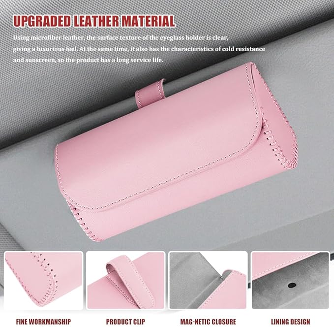 Sunglasses Holder for Car Sun Visor, Leather Auto Eyeglasses Storage Case with Hidden Magnetic Closure, Universal Protective Glasses Organizer Box, Visor Accessories for Woman Man (Pink)