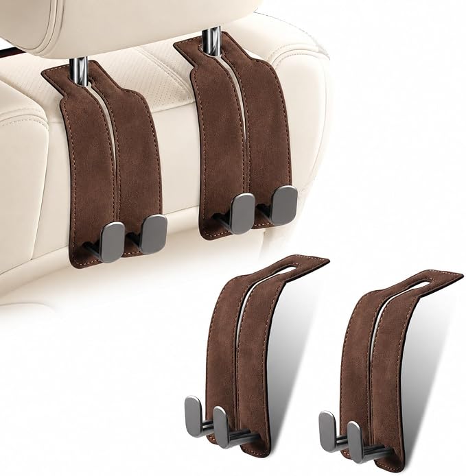 2Pcs Wide Car Headrest Hooks for Purses and Bags, 2026 Upgraded 0.98” Wide Opening for Thick Bag Handles, Premium Leather Car Seat Hanger with Dual Metal Hooks, WideFit Brown