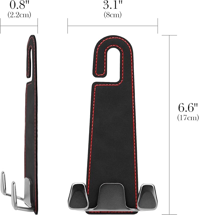 Adorila 2-Pack Car Headrest Hooks | 2-in-1 Vegan Leather Purse Hanger & Phone Holder | Automotive Seat Back Organizers for Bags, Hats or Groceries (Black)