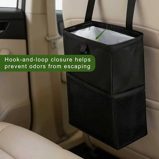 Car Trash Can, 3.4 Gallons Leak-Proof Hanging Trash Bin with Hook and Loop Lid and Handle, Multipurpose Car Organizer with Storage Pockets for SUV, Truck, RV and Camping