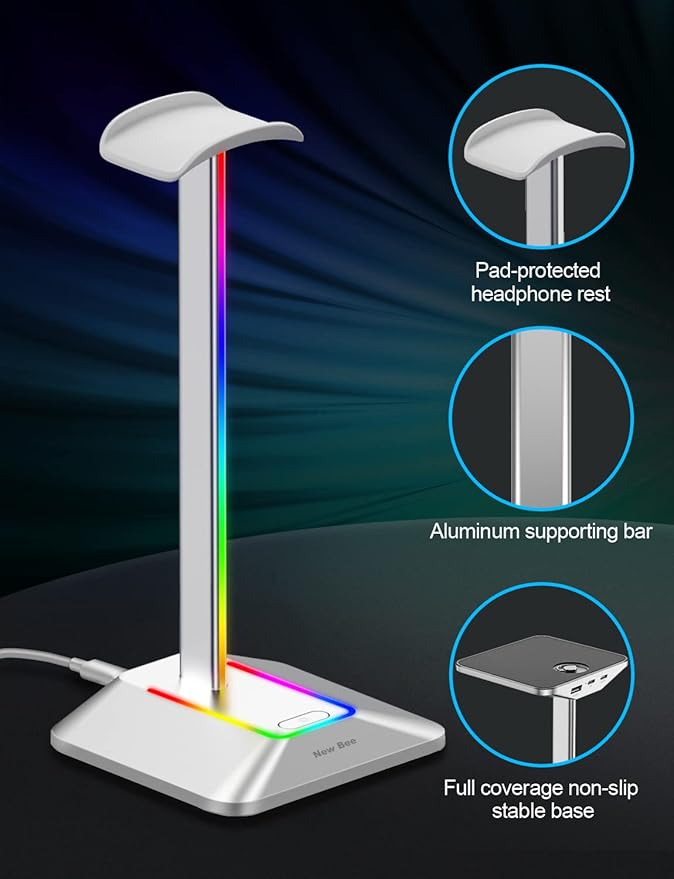 New Bee RGB Headphone Stand with 1 USB-C Charging Port and 1 USB Charging Port, Desk Gaming Headset Stand with 7 Light Modes and Non-Slip Rubber Base Suitable for All Earphone Accessories (Silver)