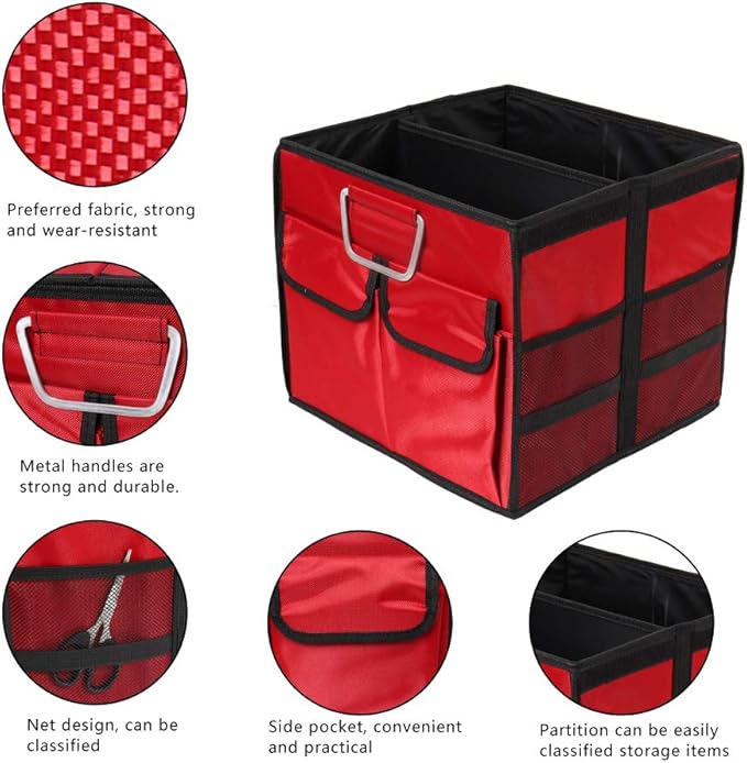 Car Trunk Organizer Collapsible Portable Multi Compartments Organizer with Non Slip Straps for SUV Truck Auto Vehicle Car Auto Minivan(Small without cover, Red)