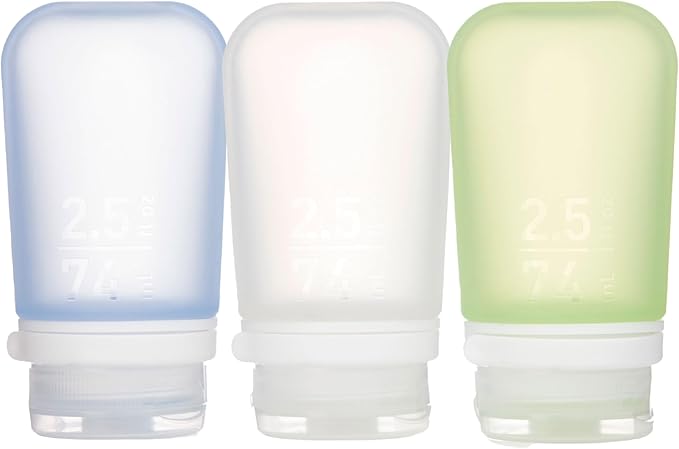 humangear GoToob+ Bottles - Silicone Leak-Proof Travel Tubes for Toiletries, Camping & TSA Carry-On (3-Pack), Medium (2.5 fl oz; 74ml), Clear/Green/Blue