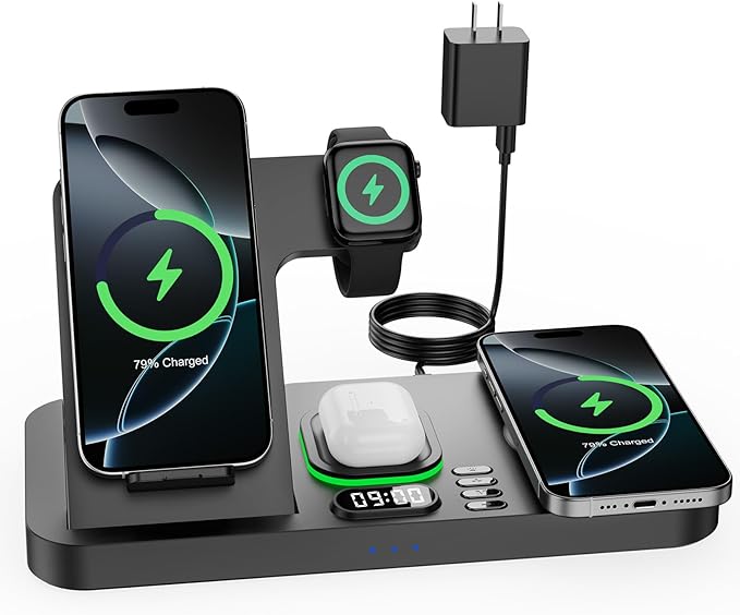 Dual Phone Wireless Charging Station for Apple Devices, Magnetic Charging Station for iPhone with Auto Switch 7-Color Light&Clock, Family Watch Charger for iPhone17 for iWatch11 for AirPods Pro3(Black