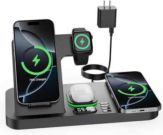 Dual Phone Wireless Charging Station for Apple Devices, Magnetic Charging Station for iPhone with Auto Switch 7-Color Light&Clock, Family Watch Charger for iPhone17 for iWatch11 for AirPods Pro3(Black