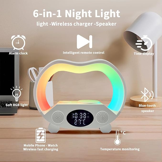 IHAO 6in1 Multi Functional Wireless Charger Bluetooth Speaker Time&Temperature Display Alarm Clock 7-Color LED Night Lights Fast Charger for Phone Apple Watch Earbuds Remote Control-White