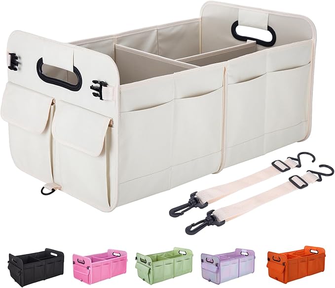 titiyiof Trunk Organizer For Suv & Sedan,Car Organizers and Storage, Waterproof Collapsible & Adjustable Straps,75L Sturdy Car Organization for Car Accessories, Tools,Sundries,2-3 Compartment（Beige）