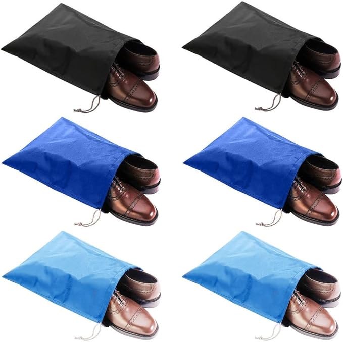 6 Pack Waterproof Nylon Shoe Bags Travel Bags for Men Women (Black+Blue+Sky Blue, 15.1"(L) x12.2"(W))