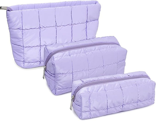 3Pcs Puffer Quilted Makeup Bag Travel Cosmetic Bag Set Portable Puffy Checkered Toiletry Pouch Skincare Organizer Purse Pencil Case (Purple)
