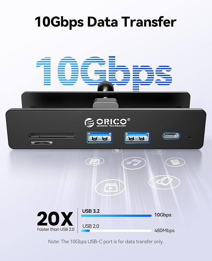 ORICO USB Hub 3.2, USB-Hub Clamp with Type-C PD 60W Port, 10Gbps Aluminum 6-Port USB Extender with 2 USB-A 3.2 Ports, USB-C 3.2, SD/TF Card Reader 3.0, AUX, USB-3.2 Splitter for Monitor, Desk