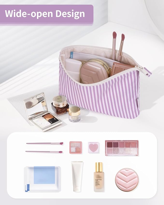 Narwey Small Striped Makeup Bag for Purse Travel Makeup Pouch Cosmetic Bag Zipper Pouch Bags for Women (Purple Stripe)