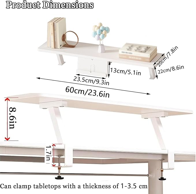 23.6x7.8 in Clamp on Desk Shelf, Adjustable Floating Desks Shelf with Reading Stand Desktop Extender Storage Organizer Space Saving for Office, Dorm, Home Desk Organization, White
