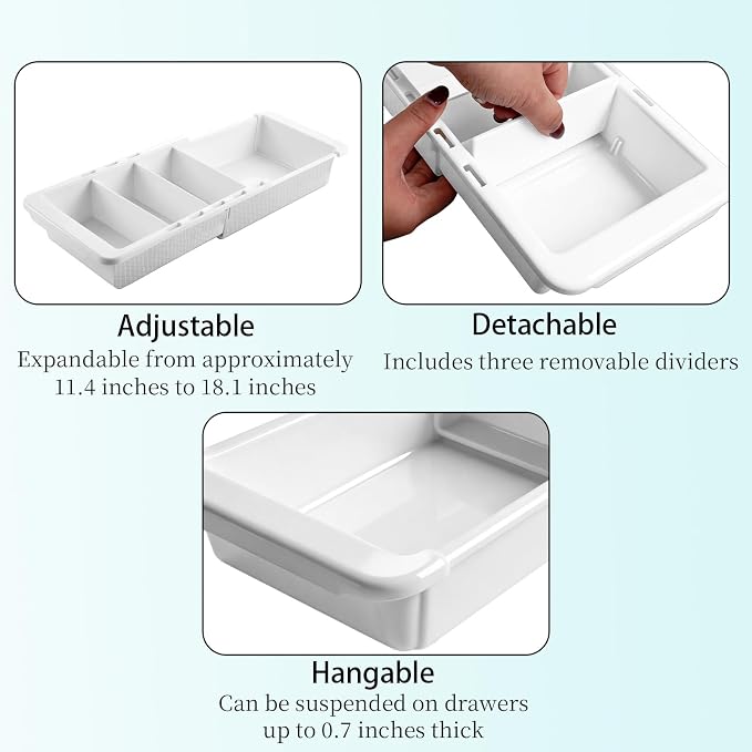 5 Pcs Expandable Drawer Organizer Bins, 11.4 to 18 Inches Plastic Dividers Storage, White Expandable Tray, Adjustable Deep Drawer Hanging Organizer for Kitchen Bathroom Bedroom Office Desk