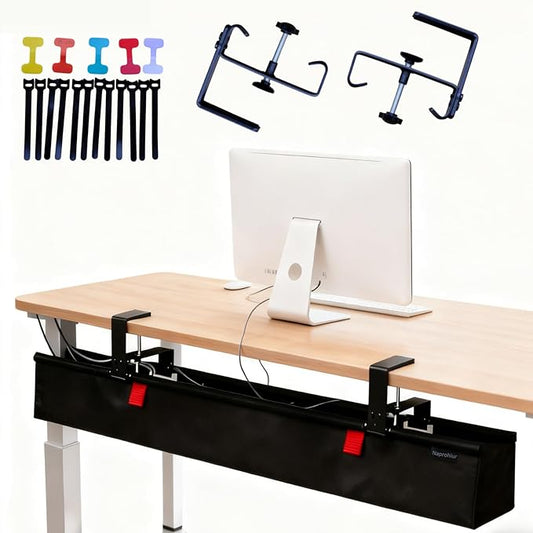 Under Desk Cable Management Tray, 48" Extra Large No Drill Cord Organizer with Easy to Clean Oxford Fabric, Clamp On Power Stripe Holder for Office, Home Office & Gaming Space