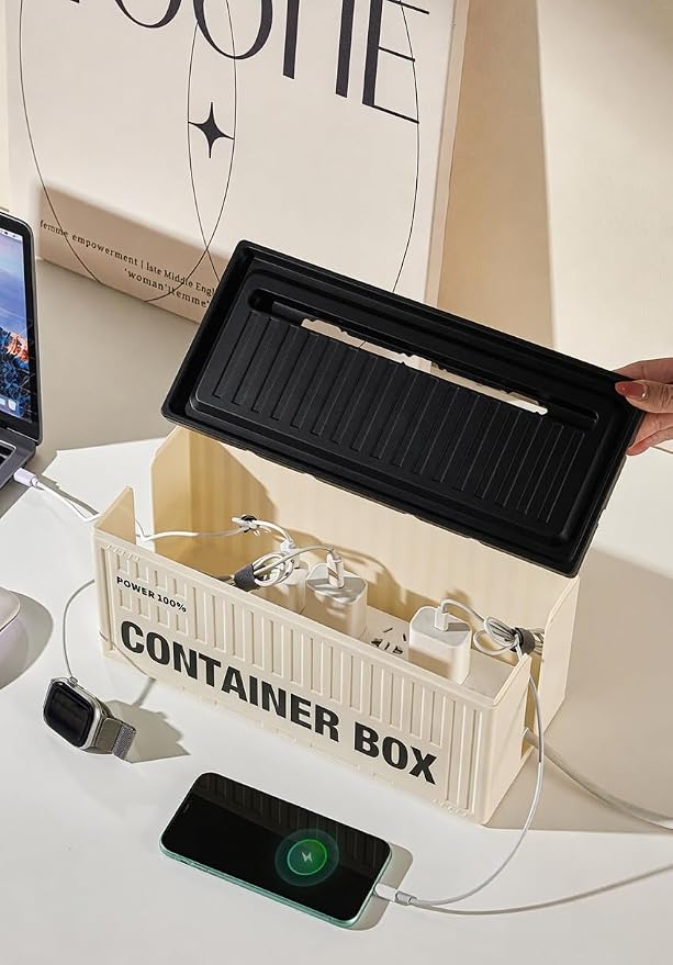 Cable Management Box for Power Strips, Large Cord Organizer | Large power strip storage, side & top cable access, ventilation openings, 10.4" phone & tablet slot
