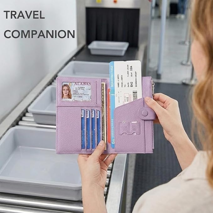 Genuine Leather RFID Blocking Passport Wallet for Women, International Travel Organizer with Card Slots, ID Window, Zipper Coin Pocket and SIM Slots,Purple