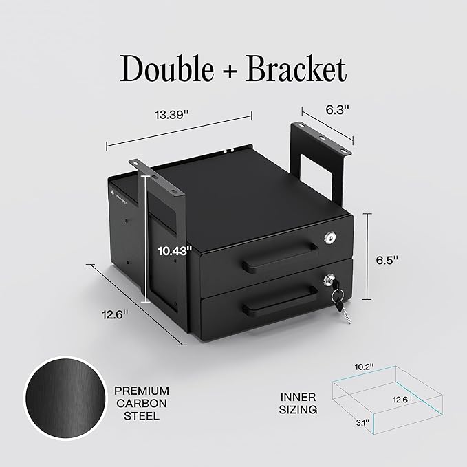 Under Desk Drawer Slide-Out – Lockable Metal Storage Drawers with Cable Management for Office & Home (Double, Bracketed)