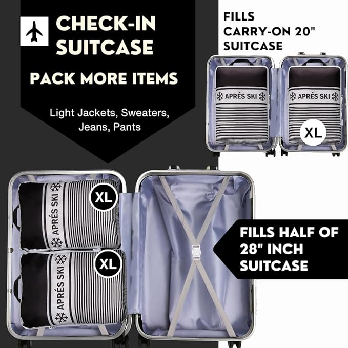 Extra Large Compression Packing Cubes for Checked Luggage, Lightweight Suitcase Organizers & Space Saver Bags - Travel Cubes for Packing - Travel Essentials - 2 Piece Set, X-Large - Black Apres Ski