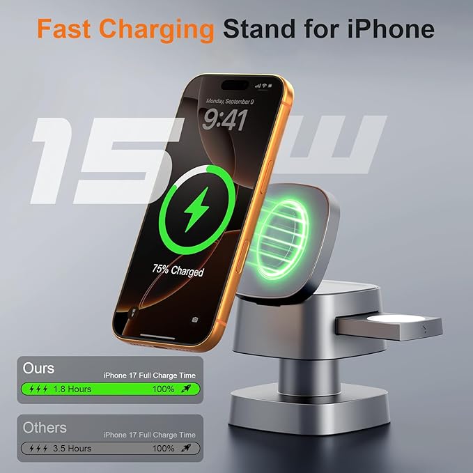 4 in 1 Wireless Charging Station for Apple Devices with Night Light, Mag-Safe Charger Stand, 15W Fast Charging for iPhone 17/16/15/14/13/12 Series, iWatch & AirPods(with USB-C Cable)