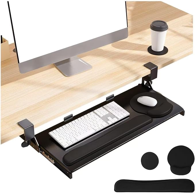 Keyboard Tray, 25 in. Pine Plastic, Keyboard tray Under Desk with Wrist Rest, Mouse Pad, Cup Mat, Lightweight Slide Out Tray, Easy Assemble Adjustable C clamp