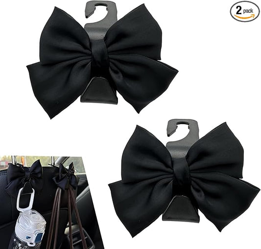2 PCS Car Seat Headrest Hooks, Cute Bow Hooks Decor, High-Load Hanger for Purses Umbrellas, Car Interior Decoration Accessories for Women, Girls (Black)