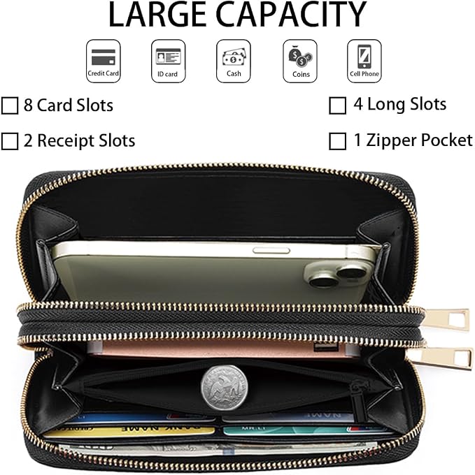 Women's Large Capacity Wallet PU Leather Double Zipper Clutch Purse Multifunctional Wallet with Removable Wristlet Strap for Smart Phone/Coin/Card/Cash, Shore Palms Tropical Beach