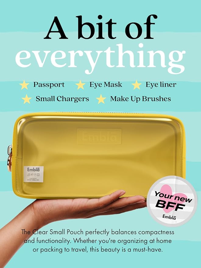 Embla Medium Clear Makeup Bag Travel for Toiletries Cute Make Up Nylon Organizer Pouches Quart Size Cosmetic Bags for Women Girls Zipper Toiletry Skincare Pouch Organizer for Purse Yellow