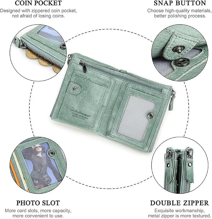 CONTACTS Soft Leather Wallet for Women and Men Small Bifold Coin Purse Double Zipper Card Holder RFID Blocking (Matcha Green)