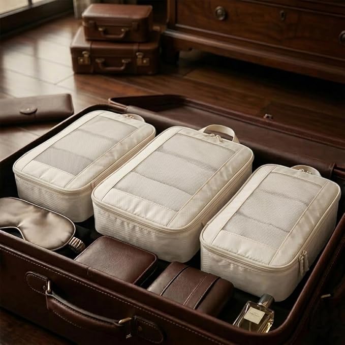 G-FORCE 3PC Compression Mesh Mid-Rectangular Packing Cube Set Stone Color | Space Saver Travel Organizer | Luggage Compression Cubes