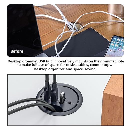Cablecc 3 Port USB 3.0 Hub Sound Card USB Splitter 60mm Desk Grommet Dock Station Headphone Mic Audio Interface for Desktop PC(USB 3.0 and 3.5mm Audio Port)
