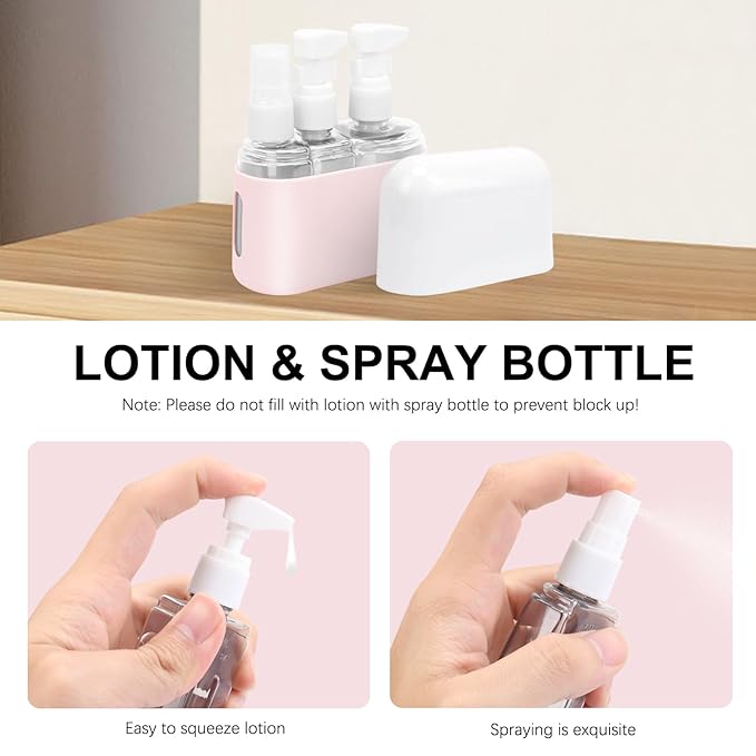Skycase Travel Bottles - Leak Proof Refillable Tsa Approved Travel Size Toiletries, 3 in 1 Liquid Bottles Containers with Labels and Funnel Airplane Accessories Kits for Lotion Liquid (Pink)