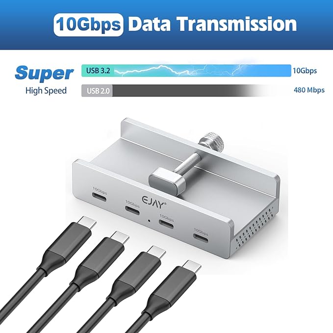 EJAY 10Gbps USB C Hub 4Ports Aluminum USB 3.2 Docking Hub Clamp Design for Desk/Computor with Extra Power Supply Port and 47inches Long Data Cable&39inches Power Cable (Silver)