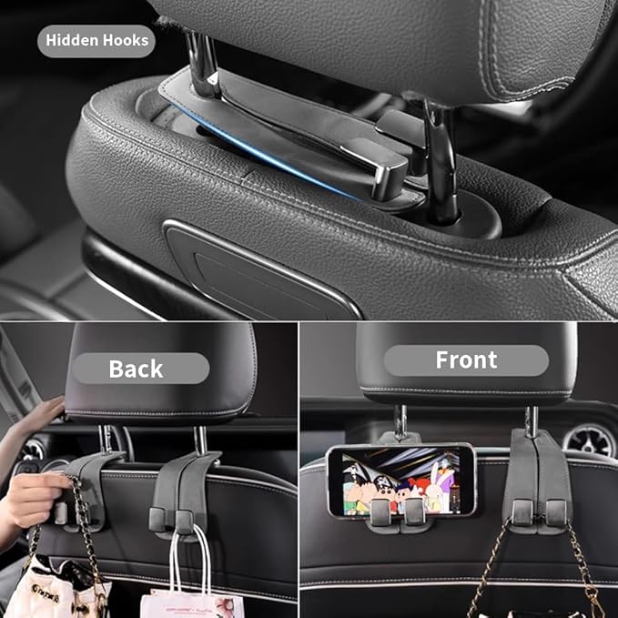 KINIVA Car Seat Headrest Storage Hooks, Set of 2, Suede PU Leather, Double Hooks (Grey)