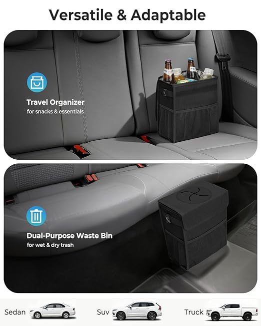 Corduroy Car Trash Can with Lid and Mesh Pockets - Leakproof Organizer,Multipurpose Waterproof Garbage Can/Trash Bin for Car(Black-2 Gallons)