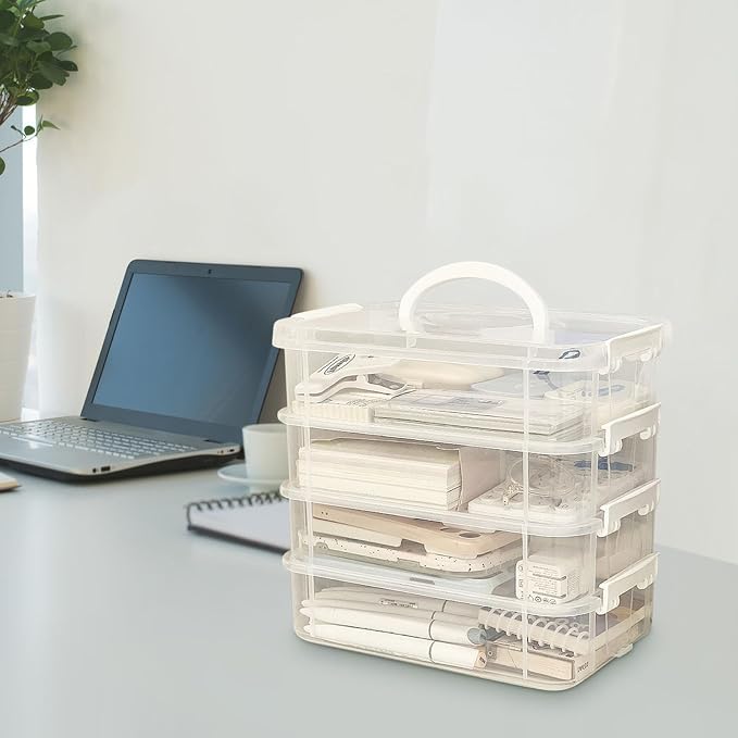 4-Tiers Plastic Storage Box, Stackable Storage Bins With Lids, Handle, Clear File Box Plastic, Parts Tools Sorting Plastic File Storages Boxs For Craft Art School & Office Supplies