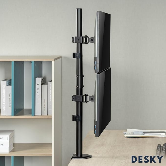 Desky Eco Stacked Arm ??Flexible Stand for 17??2'' Screens ??Space-Saving Desk Mount for 2 Displays ??VESA-Compatible Ergonomic Setup - Black