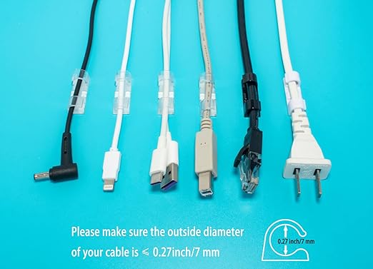 Self-Adhesive Cable Clips Organizer Drop Wire Holder Cord Management, Max Fitting Cable Diameter 0.27 inch, Pack of 20, Transparent