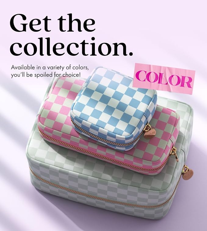 Embla Makeup Bag Travel Cosmetic Bag, Toiletry Bag, Cute Makeup Organizer, Nylon Zipper Pouch Purse Storage Bag Cosmetics Organizer, Womens Make Up Bag Mini Makeup Bags (Mint Green Checkered)