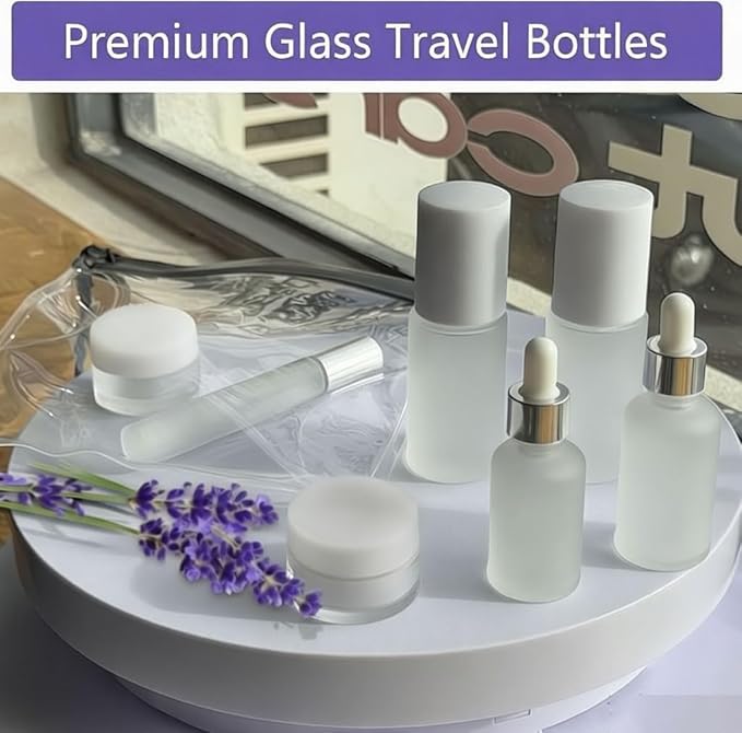 18 pcs Glass Travel Bottles for Toiletries, TSA Approved Glass Travel Containers White Frosted Mini Travel Bottles with Label, BPA Free Leak Proof with Pump Bottles for Makeup, Skincare