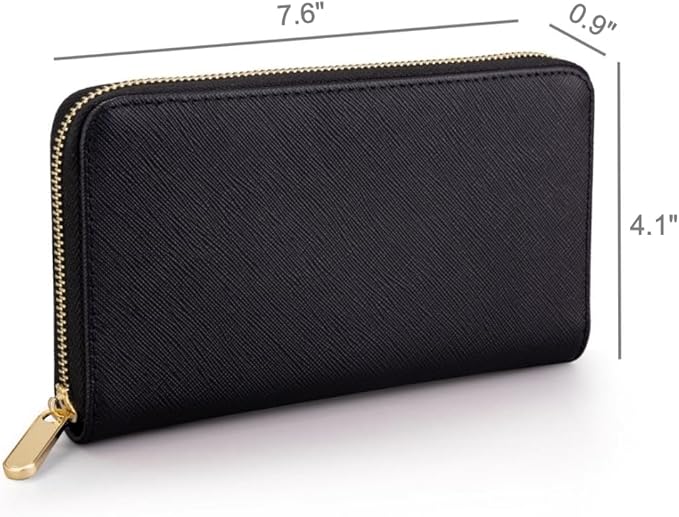 Luxury Real Leather Zip Around Travel Wallet | Large Capicity Card Holder Organizer | Classic Phone Clutch for Men Women (Black - Saffiano Leather)