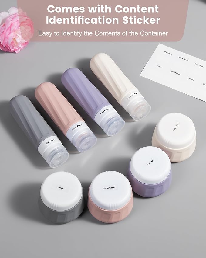 Mrsdry Travel Size Toiletries 8 Pack, TSA Approved 3oz Silicone Squeeze Bottles & Cream Jars with Clear Travel Bag