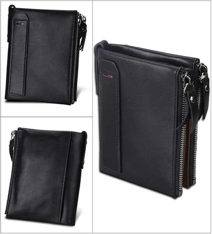 Men's Folding Double Zip Wallet RFID Blocks Retro Short Coin Purse