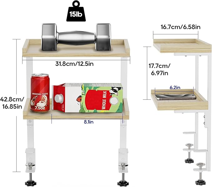 Clamp On Desk Shelf 2-Tier, 12.5 inch Wood Shelving Unit for Office Desk/Gaming Accessories, Tabletop Book Storage Rack, Shelf for Top & Under of Desk, Natural