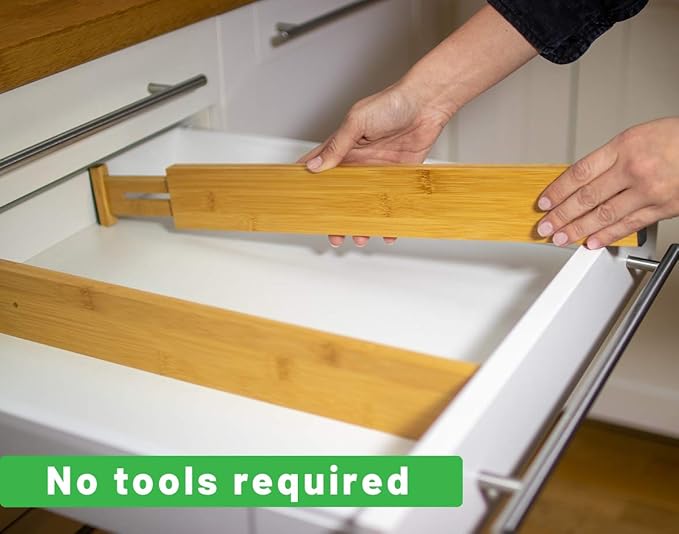 Adjustable Bamboo Drawer Dividers – SMALL SIZE, Expandable 12–16 inch – Spring Loaded Drawer Organizer for Kitchen, Dresser, Bathroom, Bedroom, Desk – 6-Pack