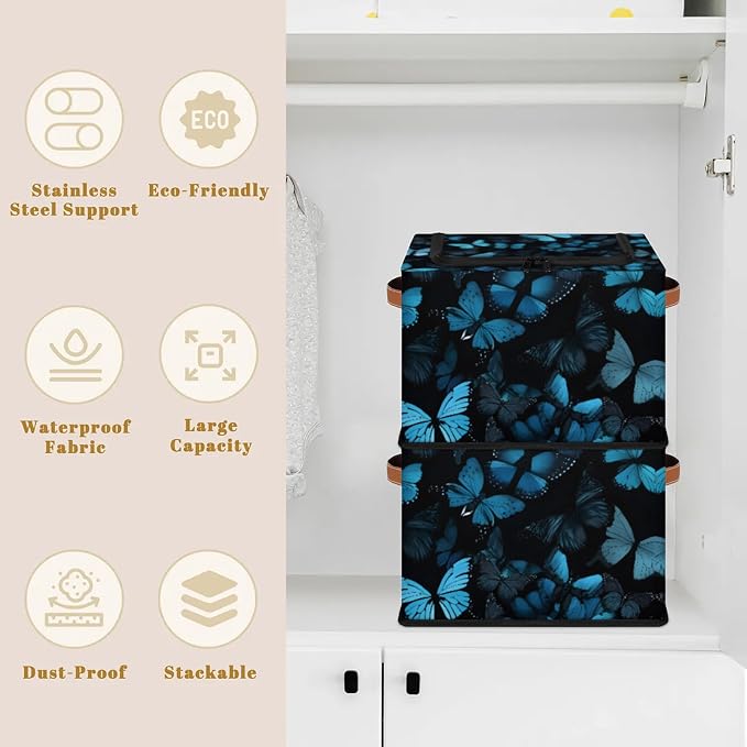 Blue Butterfly Storage Bins With Zipper Lid, Collapsible Trunk Organizer, Car Organizers and Storage Bins with Lids, Decorative Storage Boxes with Handle, Home Storage Baskets for Organizing