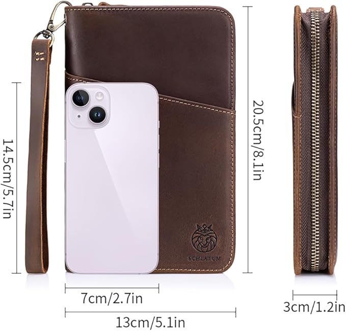 Genuine Leather Passport Holder for Family of 6, RFID Blocking Travel Wallet with Zipper Large Capacity – Vintage Crazy Horse Leather, 6 Passport Slots, Card Holders & Wristlet (Coffee, Large)