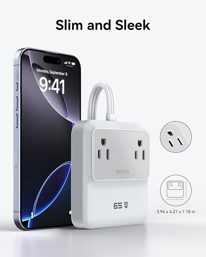 Charging Station 65W Max, 6-in-1 USBC Power Strip with Flat Plug and 5ft Thin Undetachable Extension Cord,2 AC,2 USB-A,2 USB-C,Fast Charging Desktop Charger for iPhone 17/16, MacBook, Home and Office